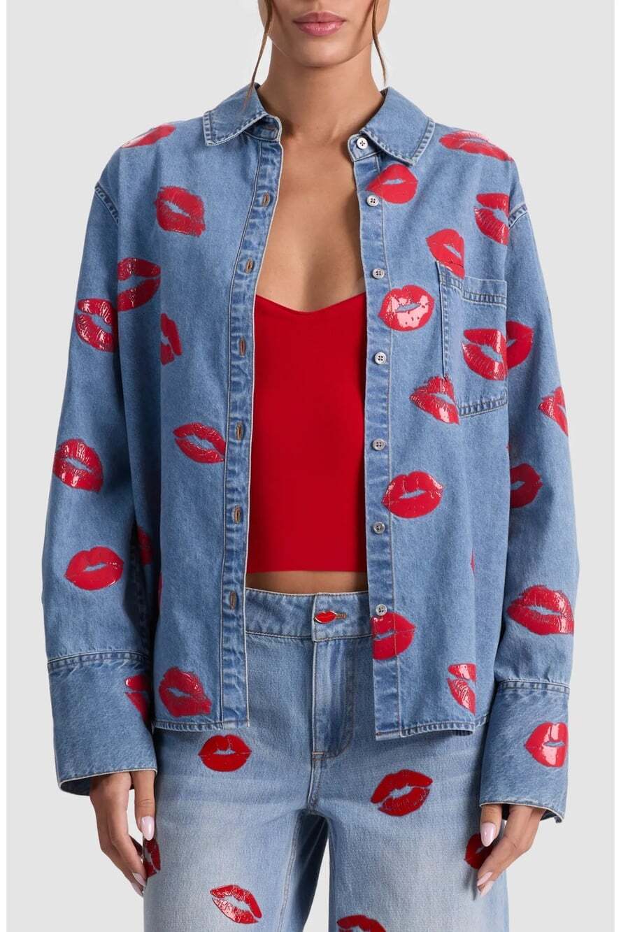 Alice + Olivia Kiss Print Denik Shirt Jacket Small NWT $465